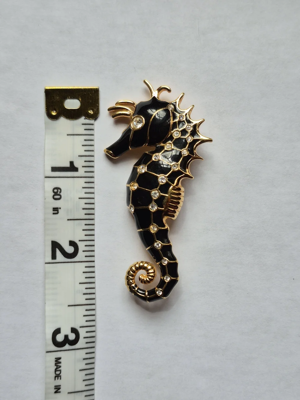Vintage Signed SAL Swarovski Gold and Black Enamel Seahorse Brooch